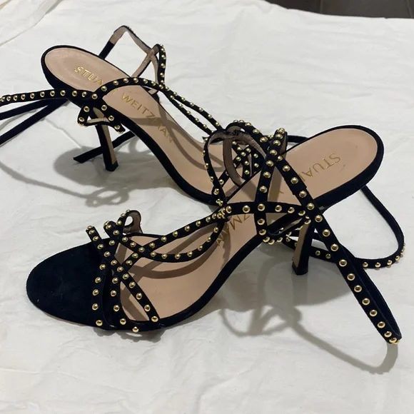 Stuart Weitzman Black and Gold Studded Heels - Picture 8 of 9